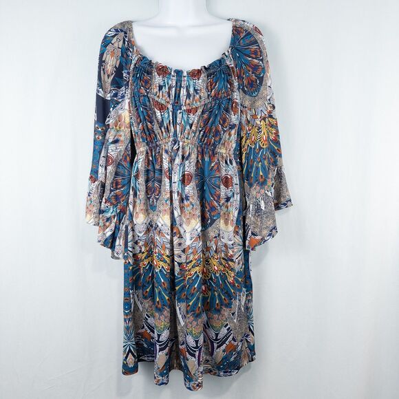 Boston Proper Royal Peacock Flare Sleeve Mini Dress Size Small Abstract Boho - Picture 1 of 16